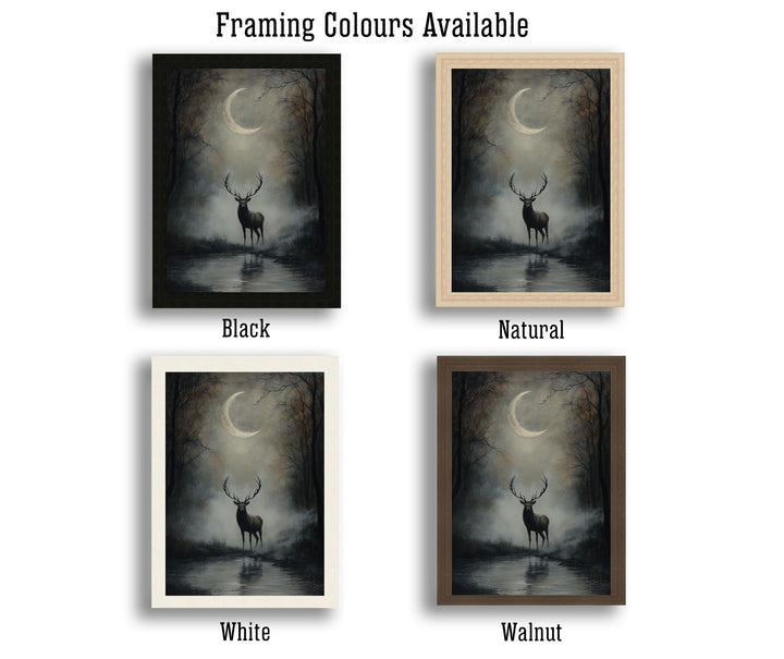 Stag Beneath Crescent Moon Poster Cottagecore Decor Dark Academia Art Enchanted Wildlife Illustration Vintage Nature Wall Art