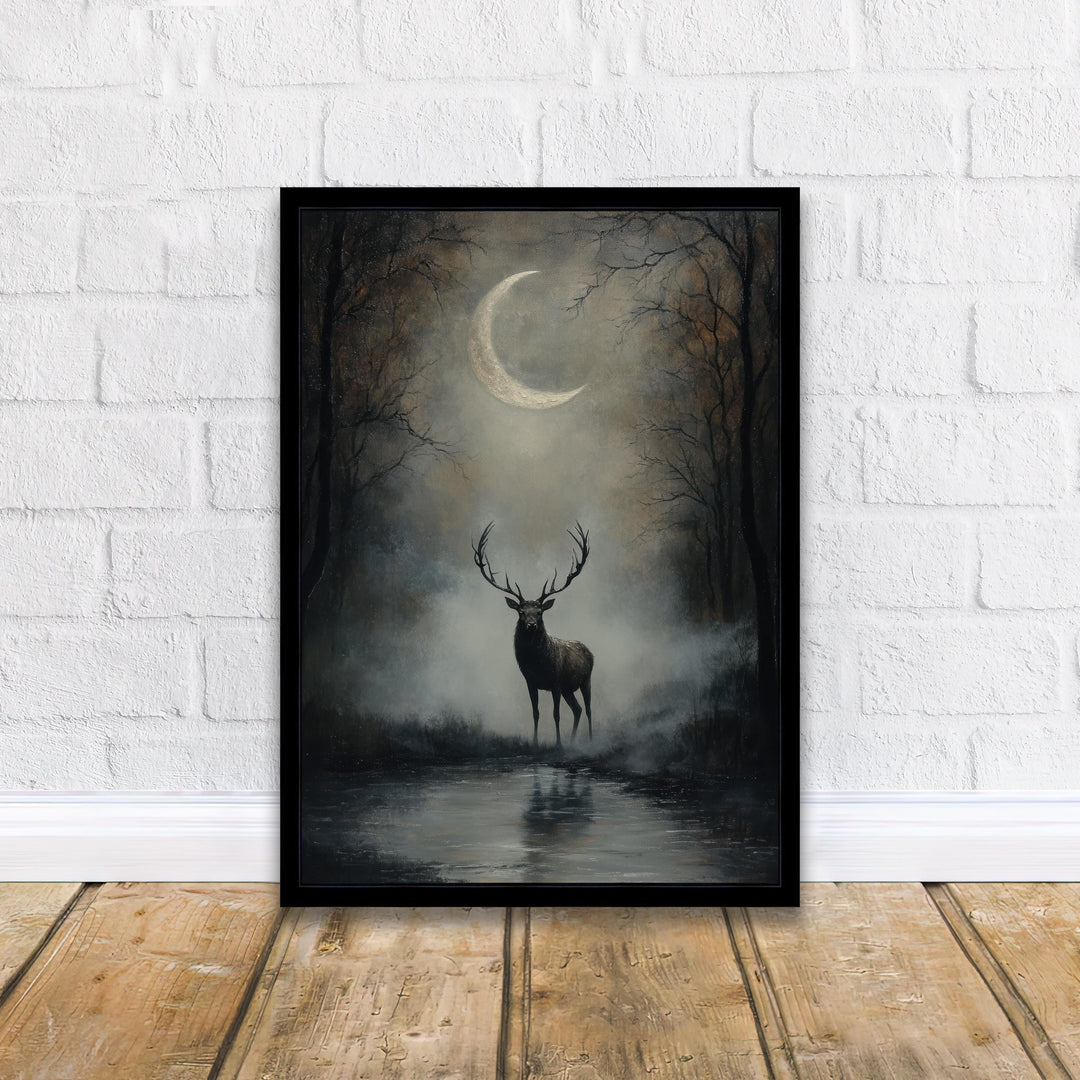 Stag Beneath Crescent Moon Poster Cottagecore Decor Dark Academia Art Enchanted Wildlife Illustration Vintage Nature Wall Art