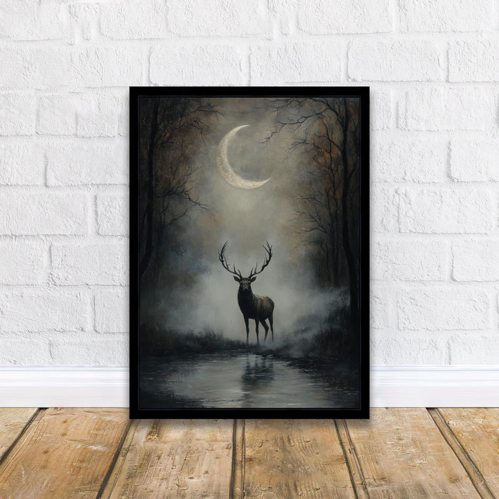 Stag Beneath Crescent Moon Poster Cottagecore Decor Dark Academia Art Enchanted Wildlife Illustration Vintage Nature Wall Art
