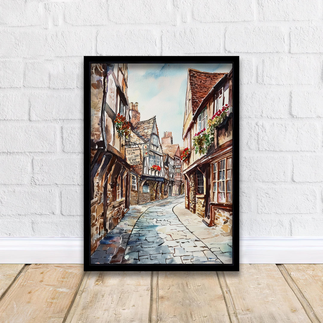 Shambles York Watercolor Painting Historic Street Art Medieval England Decor Gift for History Lovers