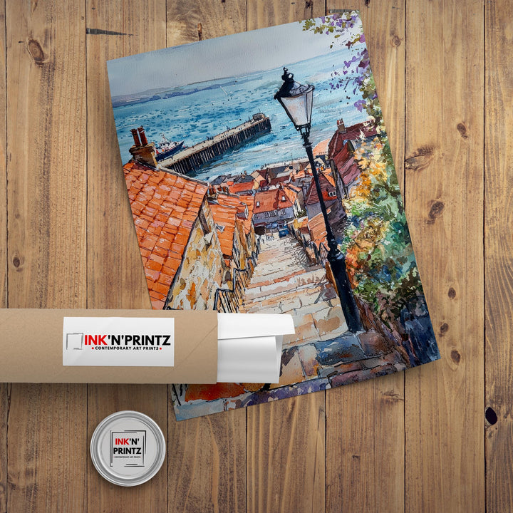 Whitby Harbour Watercolor Painting Yorkshire Coast Art Fishing Village Decor Gift for Dracula Fans