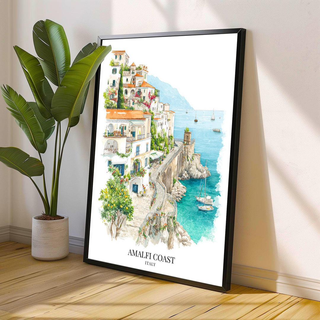 Amalfi Coast Watercolor Painting Italy Coastal Art Amalfi Print Scenic Village Decor