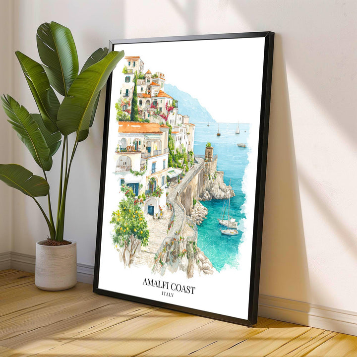 Amalfi Coast Watercolor Painting Italy Coastal Art Amalfi Print Scenic Village Decor