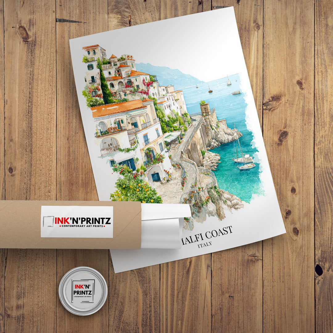 Amalfi Coast Watercolor Painting Italy Coastal Art Amalfi Print Scenic Village Decor
