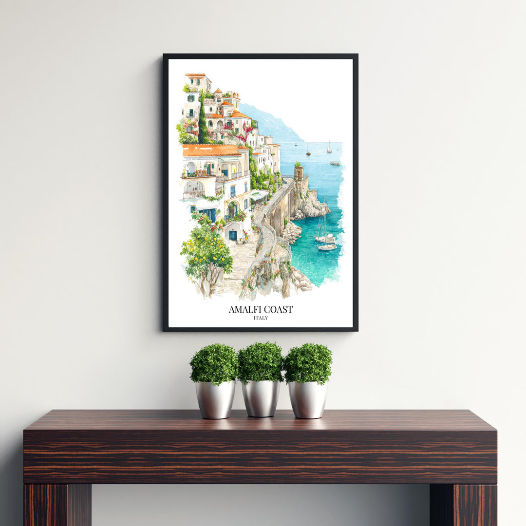 Amalfi Coast Watercolor Painting Italy Coastal Art Amalfi Print Scenic Village Decor