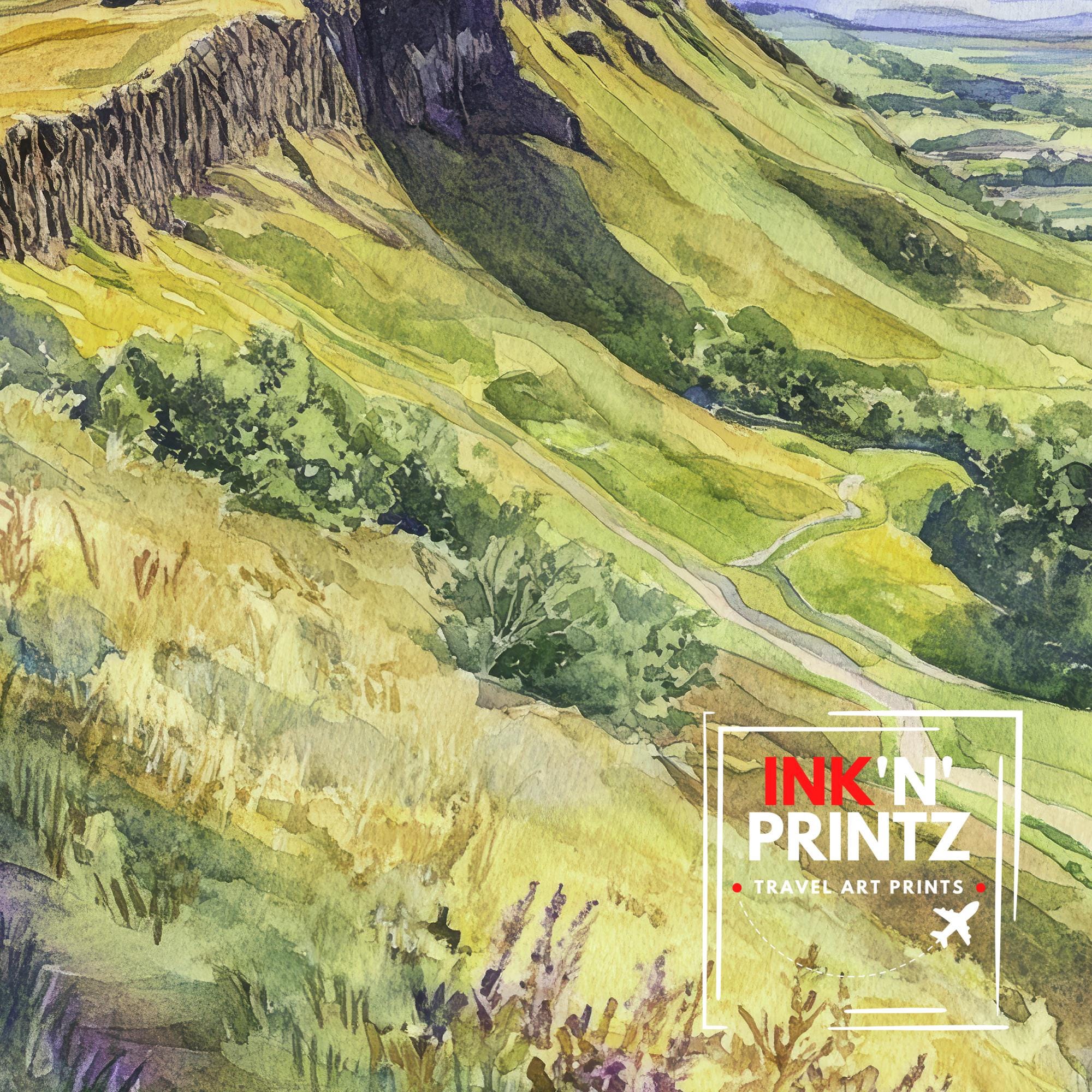 Arthur's Seat Scotland Watercolor Painting Edinburgh Landscape Art Arthur's Seat Print Scenic City View Decor