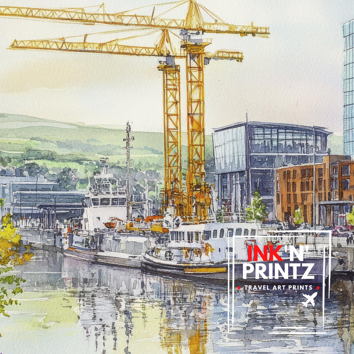Belfast Watercolor Painting Northern Ireland Art Belfast Print Scenic City View Decor