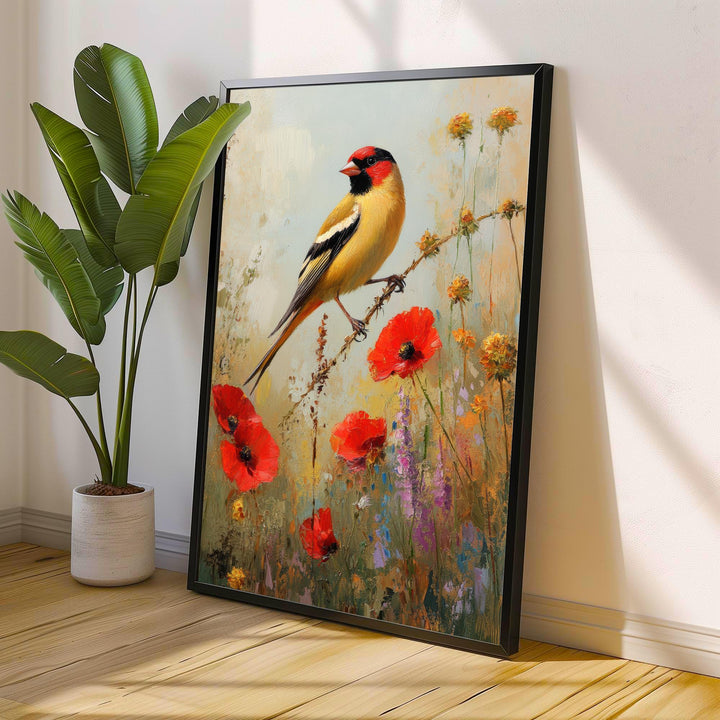 Goldfinch in Wild Flowers Art Print Vintage Nature Poster Cottagecore Wall Art for Cozy Homes Garden Decor and Bird Lover Spaces