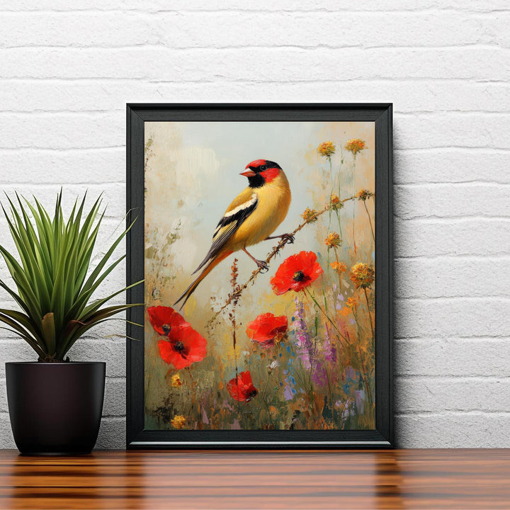 Goldfinch in Wild Flowers Art Print Vintage Nature Poster Cottagecore Wall Art for Cozy Homes Garden Decor and Bird Lover Spaces