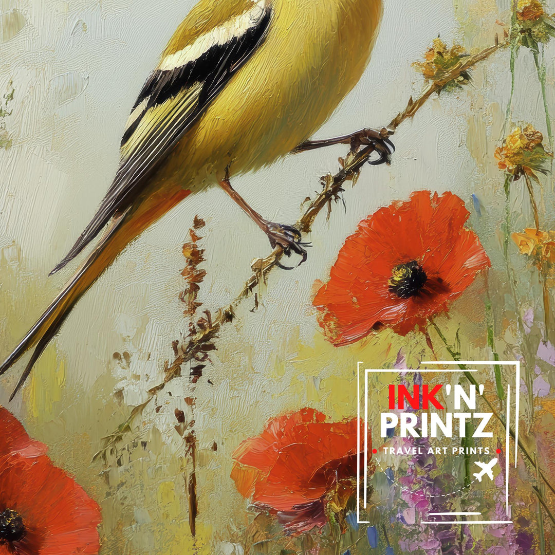 Goldfinch in Wild Flowers Art Print Vintage Nature Poster Cottagecore Wall Art for Cozy Homes Garden Decor and Bird Lover Spaces