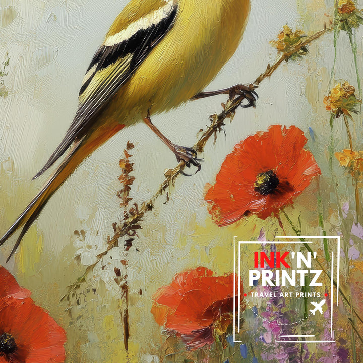 Goldfinch in Wild Flowers Art Print Vintage Nature Poster Cottagecore Wall Art for Cozy Homes Garden Decor and Bird Lover Spaces