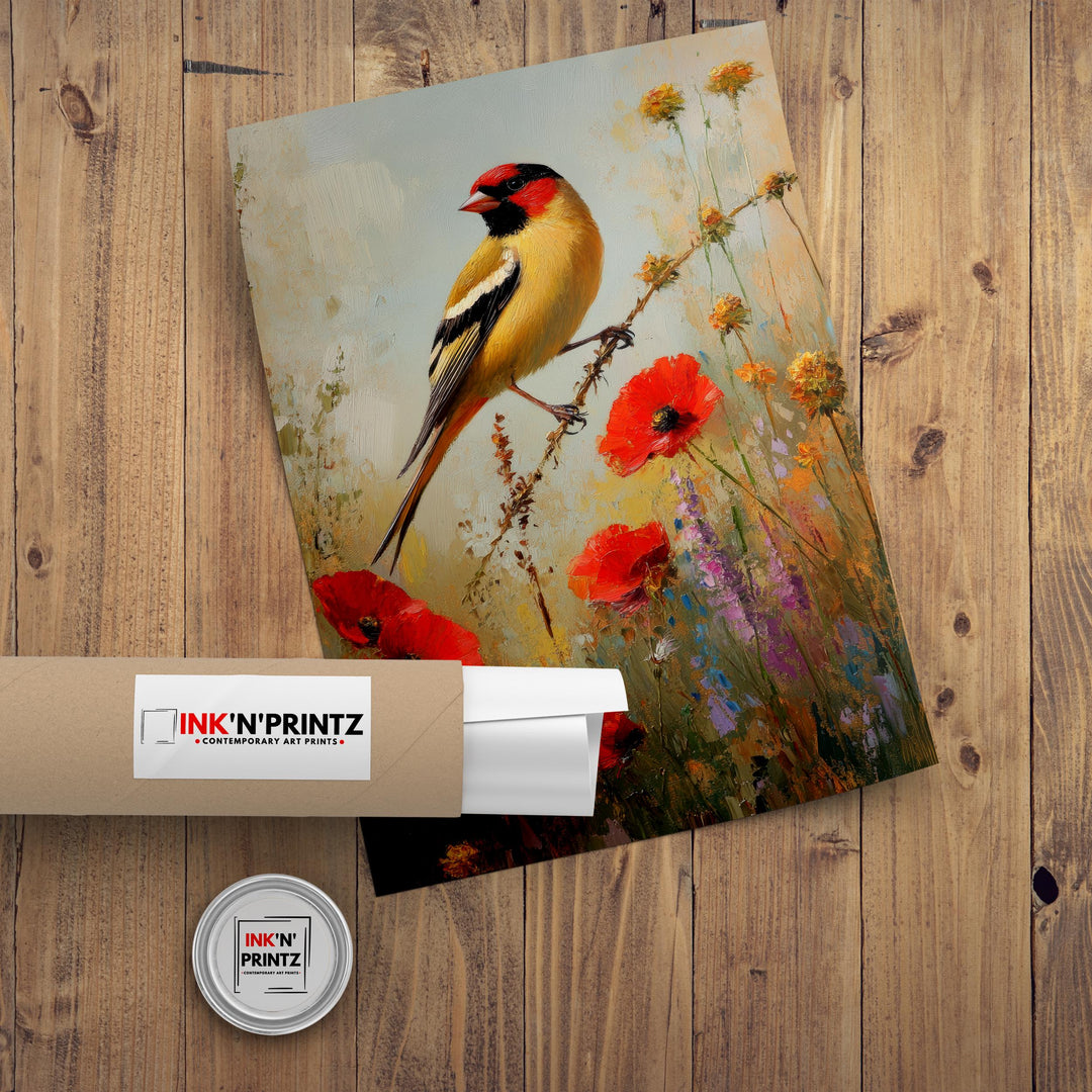 Goldfinch in Wild Flowers Art Print Vintage Nature Poster Cottagecore Wall Art for Cozy Homes Garden Decor and Bird Lover Spaces