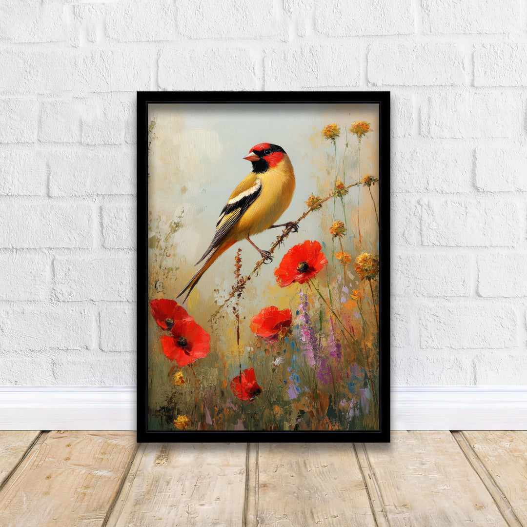 Goldfinch in Wild Flowers Art Print Vintage Nature Poster Cottagecore Wall Art for Cozy Homes Garden Decor and Bird Lover Spaces