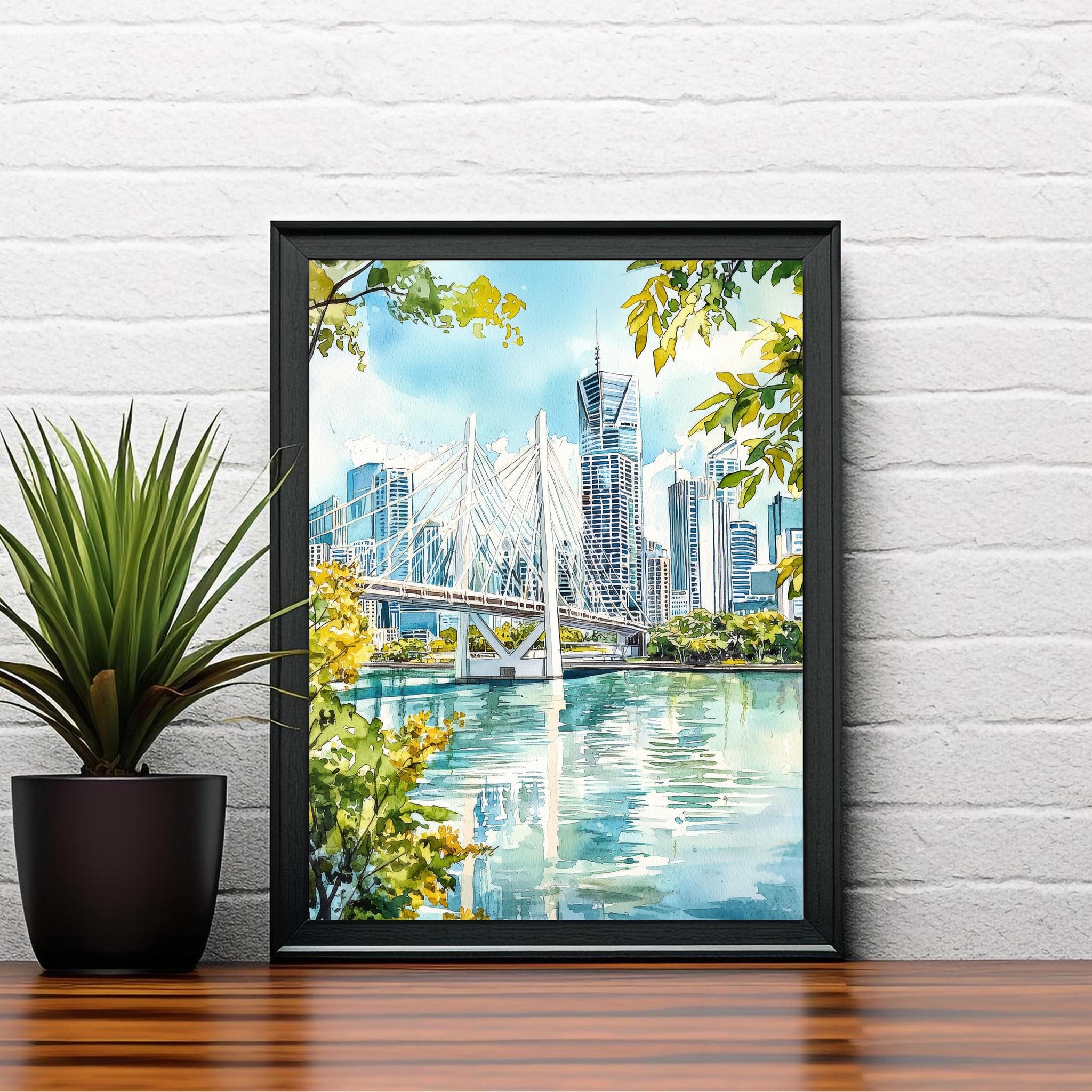 Brisbane River Watercolor Painting Australia Cityscape Art Print Story Bridge Queensland Decor Gift for Australia Lovers