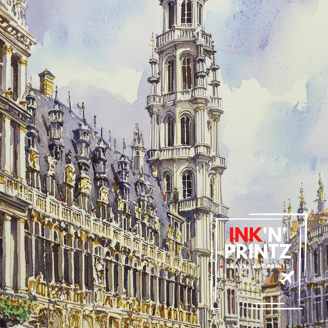 Brussels Grand-Place Watercolor Painting Belgium Cityscape Art Print European Travel Decor Gift for Belgium Lovers