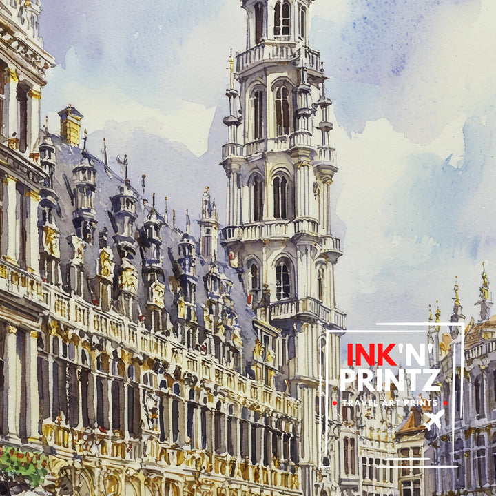 Brussels Grand-Place Watercolor Painting Belgium Cityscape Art Print European Travel Decor Gift for Belgium Lovers
