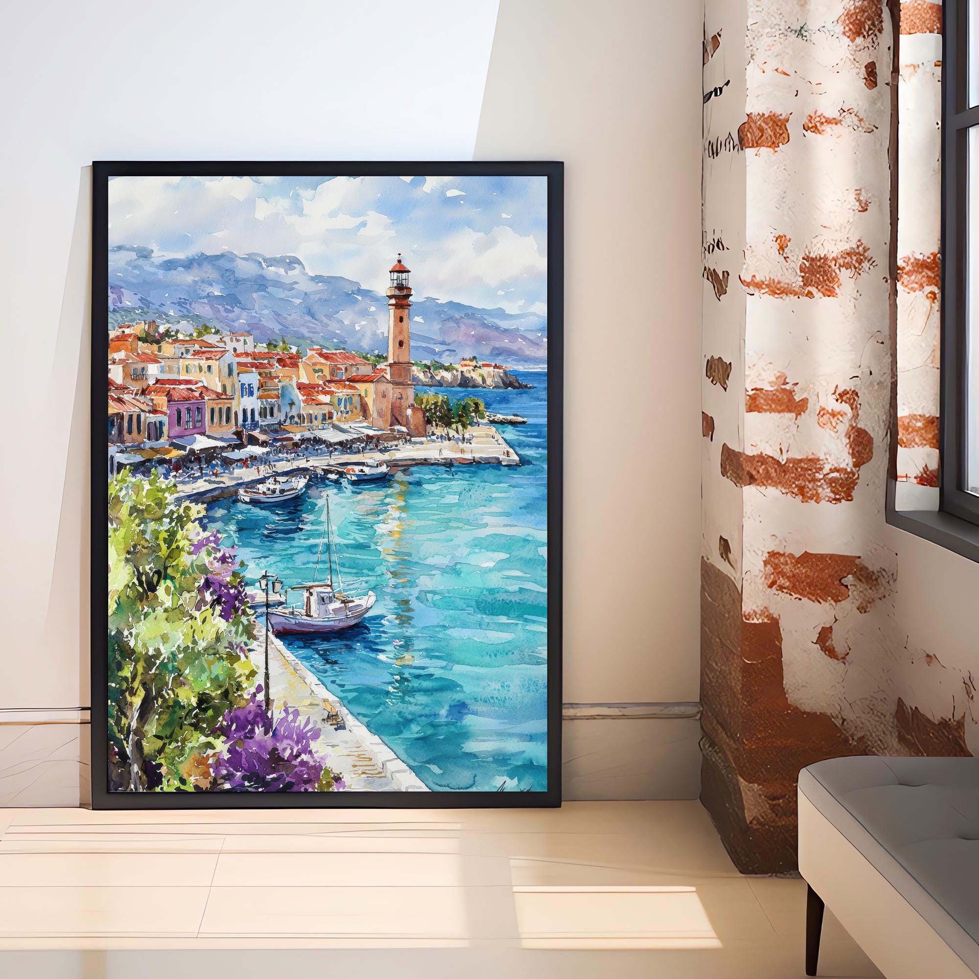 Crete Watercolor Painting Greek Island Art Print Mediterranean Landscape Elafonissi Beach Decor Gift for Greece Lovers