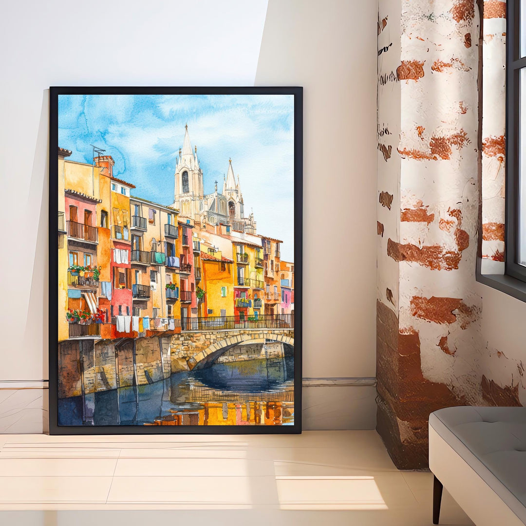 Girona Spain Watercolor Painting Colorful Houses on the Onyar River Art Print Catalan Cityscape Medieval Travel Decor