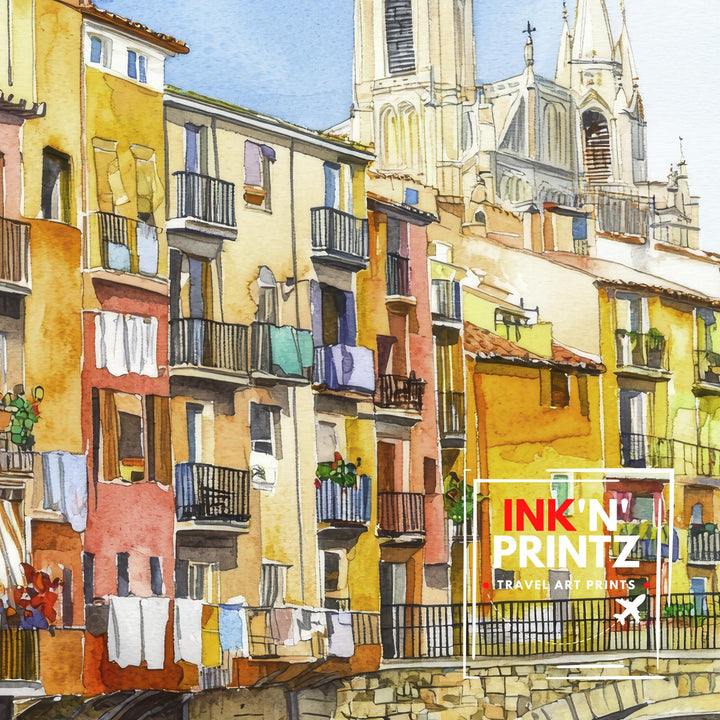 Girona Spain Watercolor Painting Colorful Houses on the Onyar River Art Print Catalan Cityscape Medieval Travel Decor
