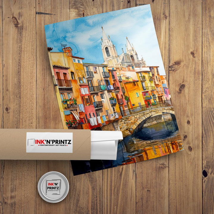 Girona Spain Watercolor Painting Colorful Houses on the Onyar River Art Print Catalan Cityscape Medieval Travel Decor