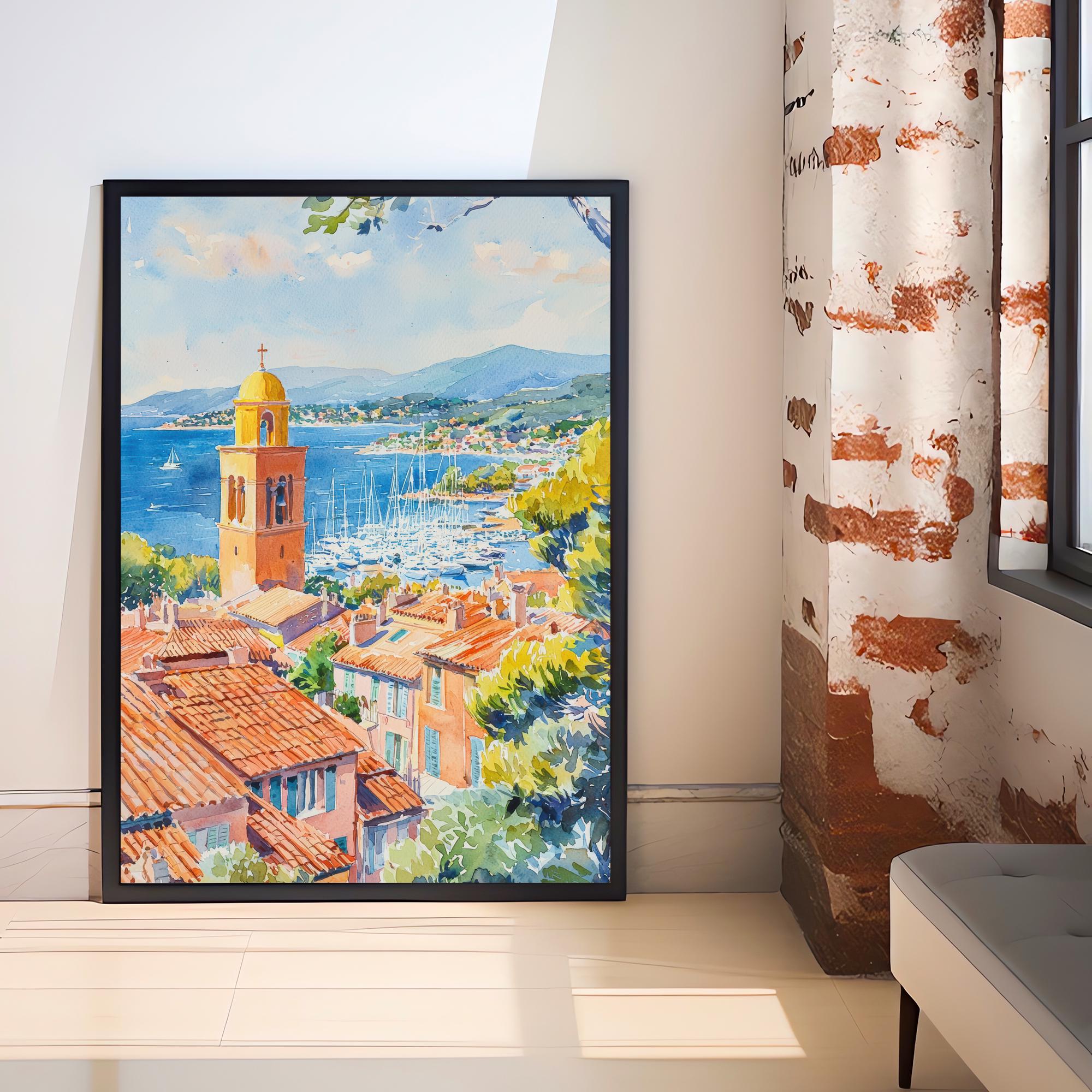 Saint-Tropez Harbor Watercolor Painting French Riviera Art Print Coastal Town Decor Gift for France Lovers