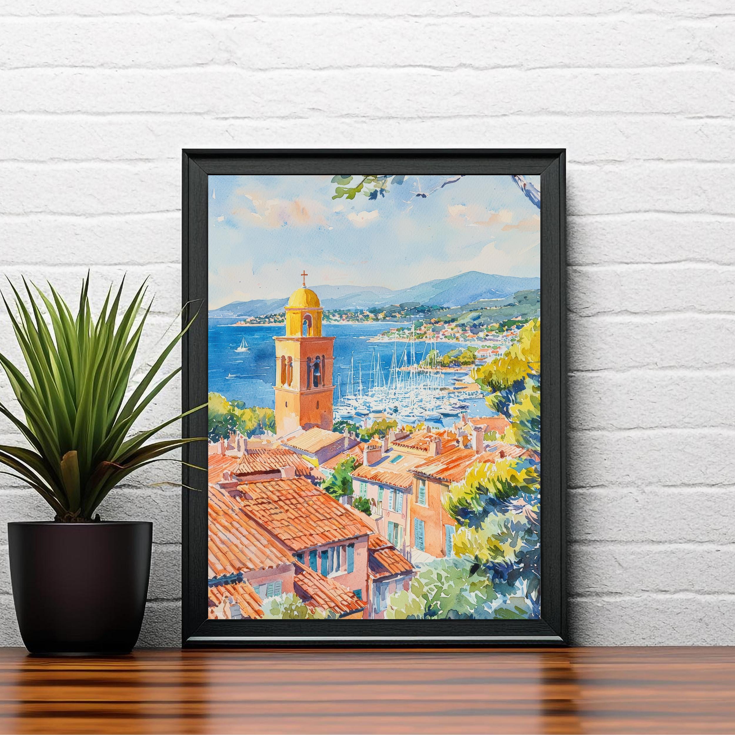 Saint-Tropez Harbor Watercolor Painting French Riviera Art Print Coastal Town Decor Gift for France Lovers