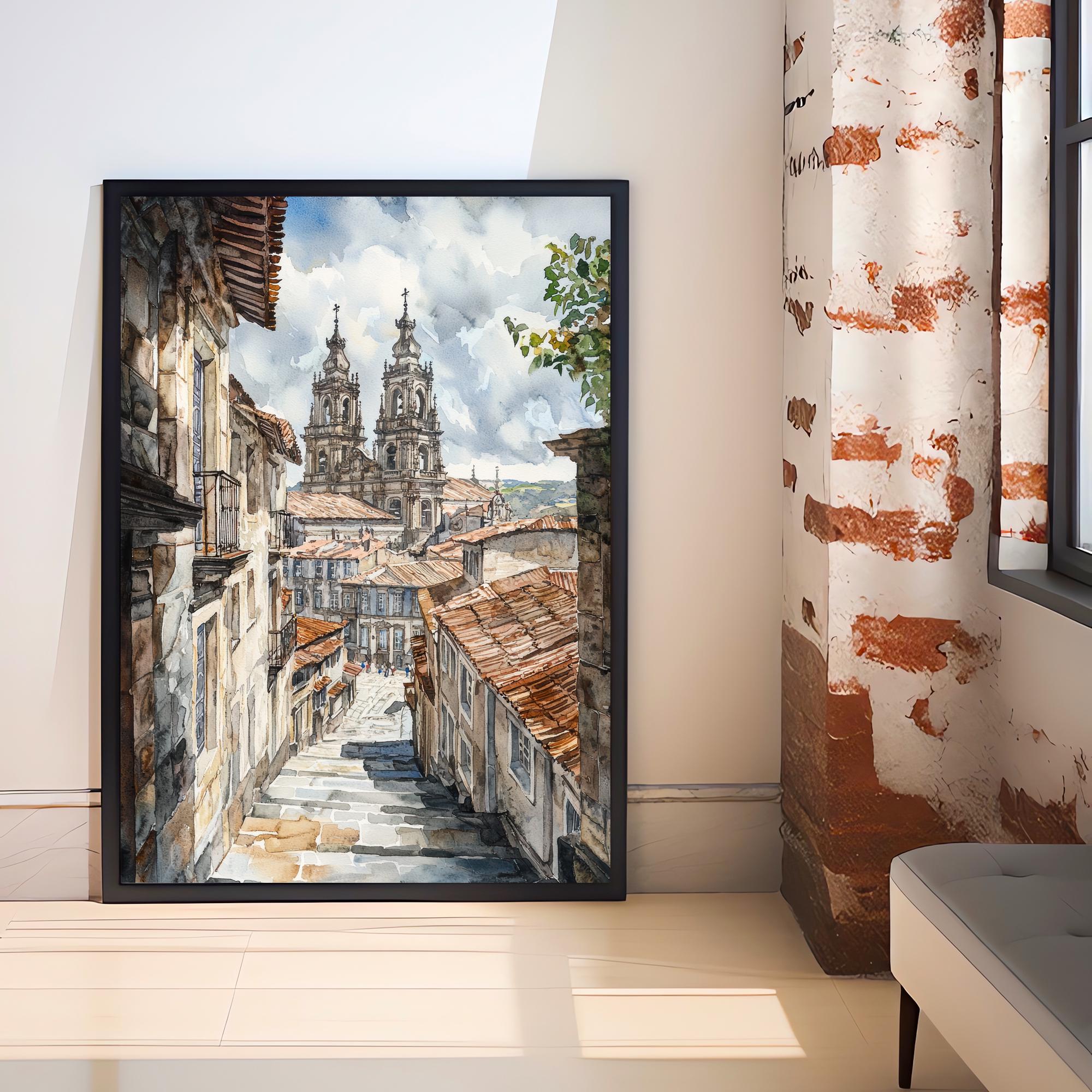 Santiago de Compostela Cathedral Watercolor Painting Camino de Santiago Art Print Galicia Spain Pilgrimage Gift