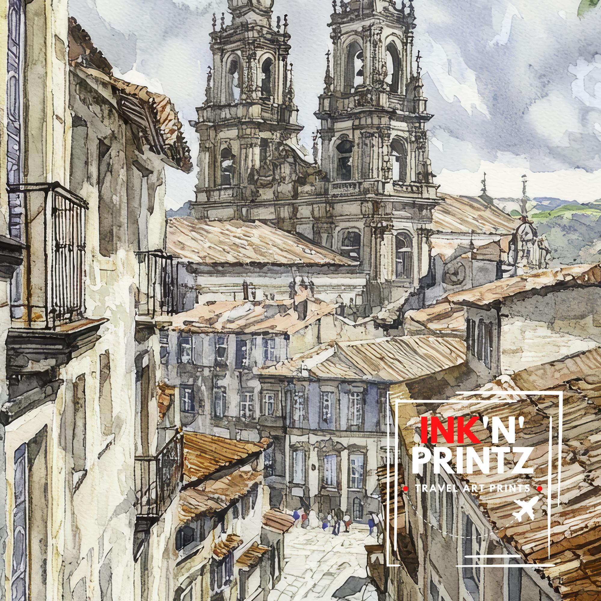 Santiago de Compostela Cathedral Watercolor Painting Camino de Santiago Art Print Galicia Spain Pilgrimage Gift