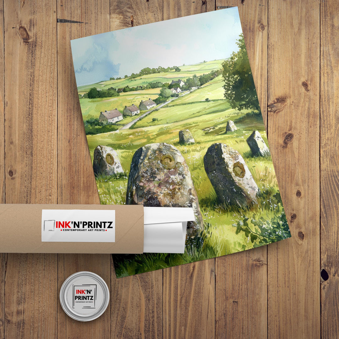 Avebury Stone Circle Watercolor Print Wiltshire Art Decor Ancient Britain Landscape Painting Gift for UK Heritage and History Enthusiasts