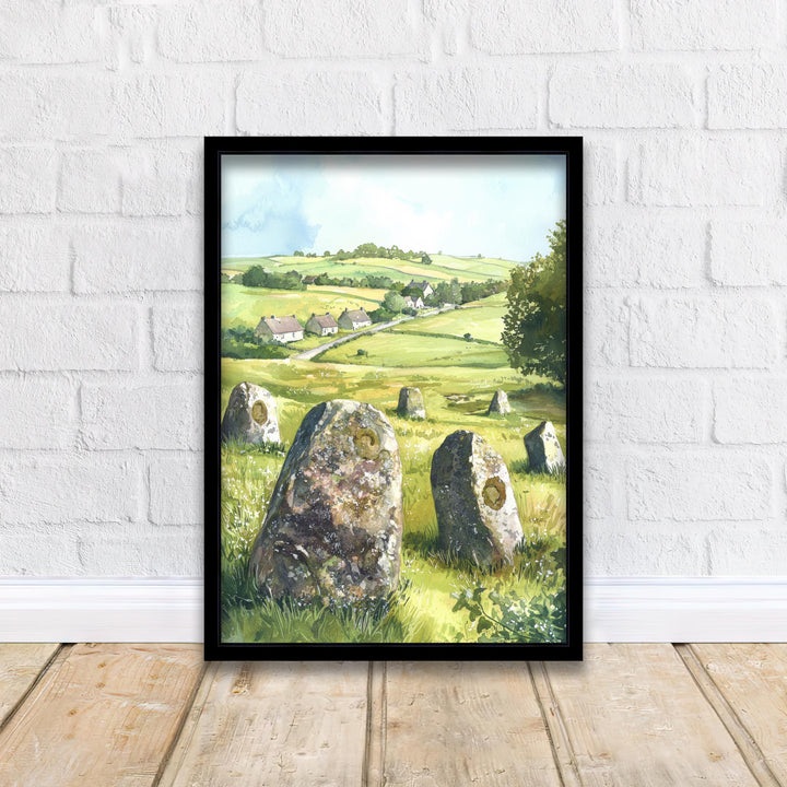 Avebury Stone Circle Watercolor Print Wiltshire Art Decor Ancient Britain Landscape Painting Gift for UK Heritage and History Enthusiasts