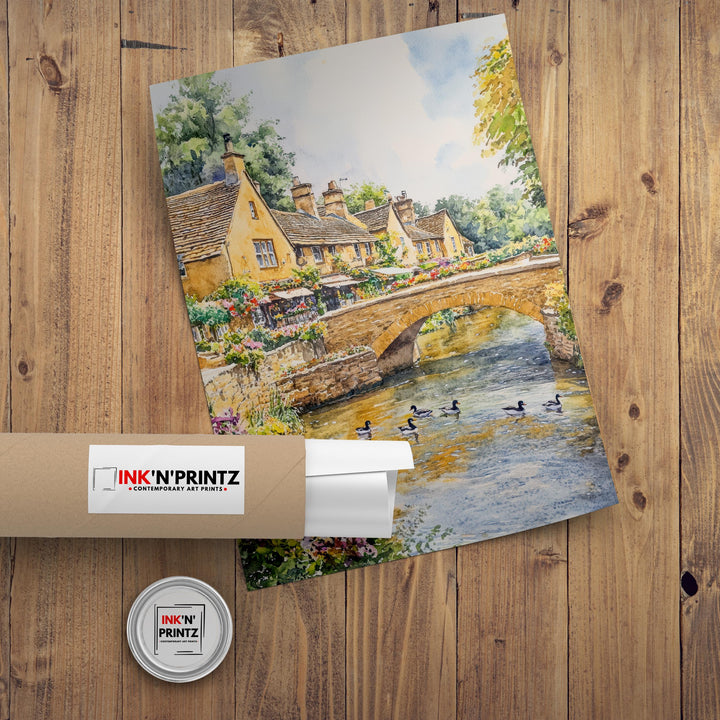 Bourton-on-the-Water Watercolor Painting Cotswold Village Art Bourton Print Scenic River Village Decor