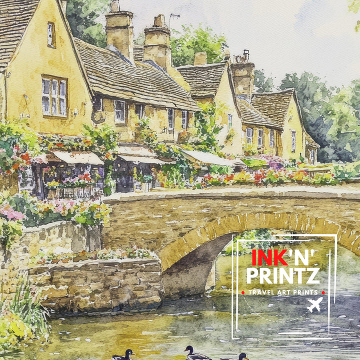 Bourton-on-the-Water Watercolor Painting Cotswold Village Art Bourton Print Scenic River Village Decor
