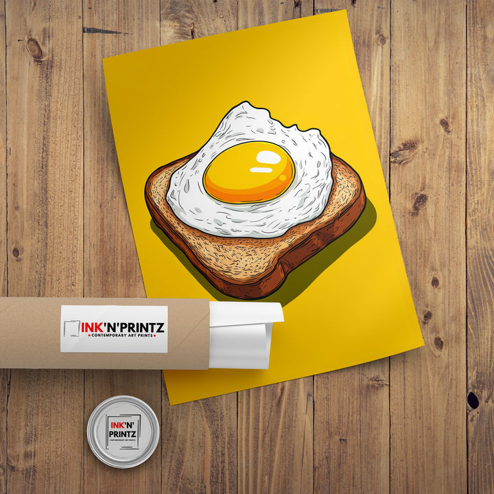 Fried Egg on Toast Poster Retro Pop Art Style Bold Yellow Wall Print for Kitchen Diner or Breakfast Nook Foodie Art Decor