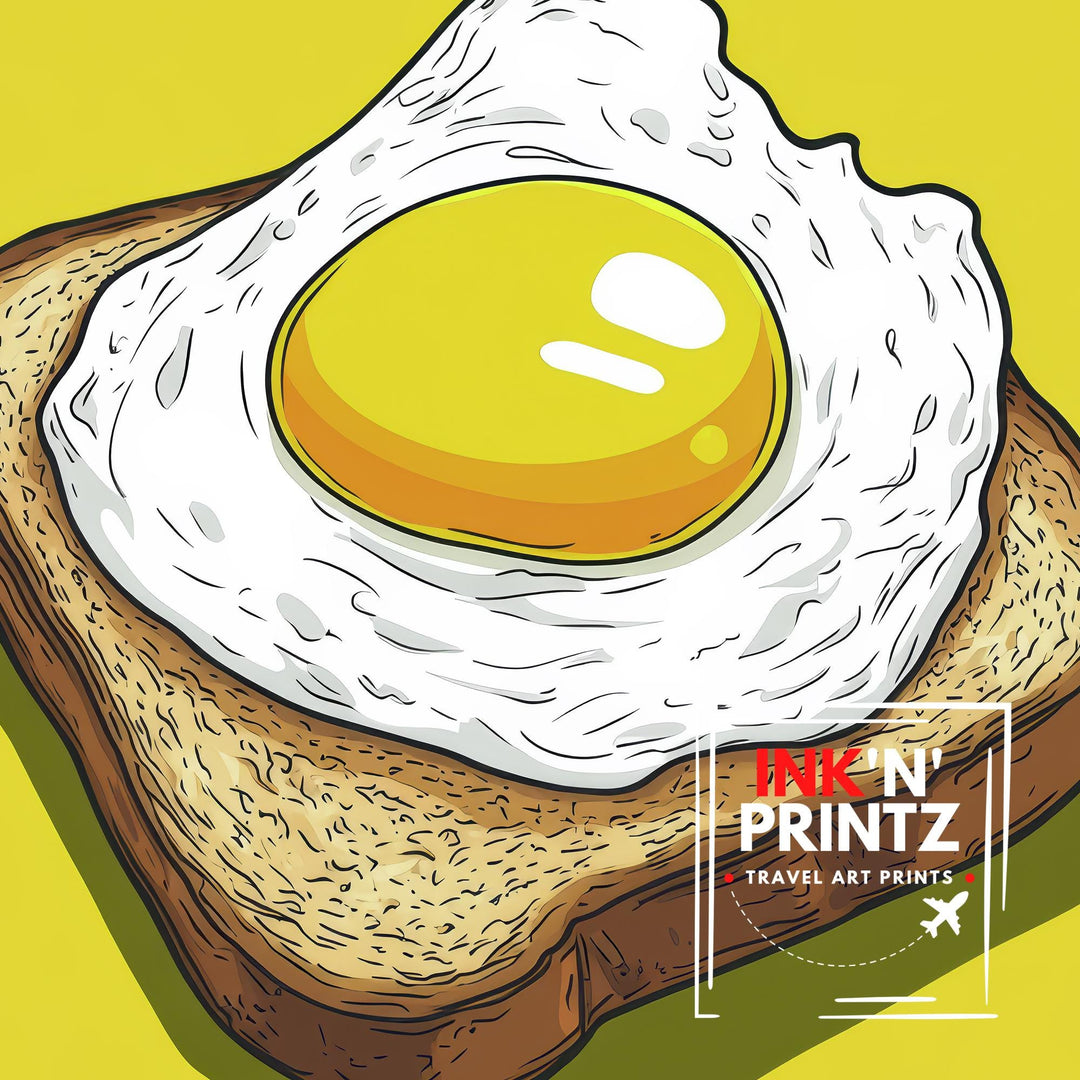 Fried Egg on Toast Poster Retro Pop Art Style Bold Yellow Wall Print for Kitchen Diner or Breakfast Nook Foodie Art Decor