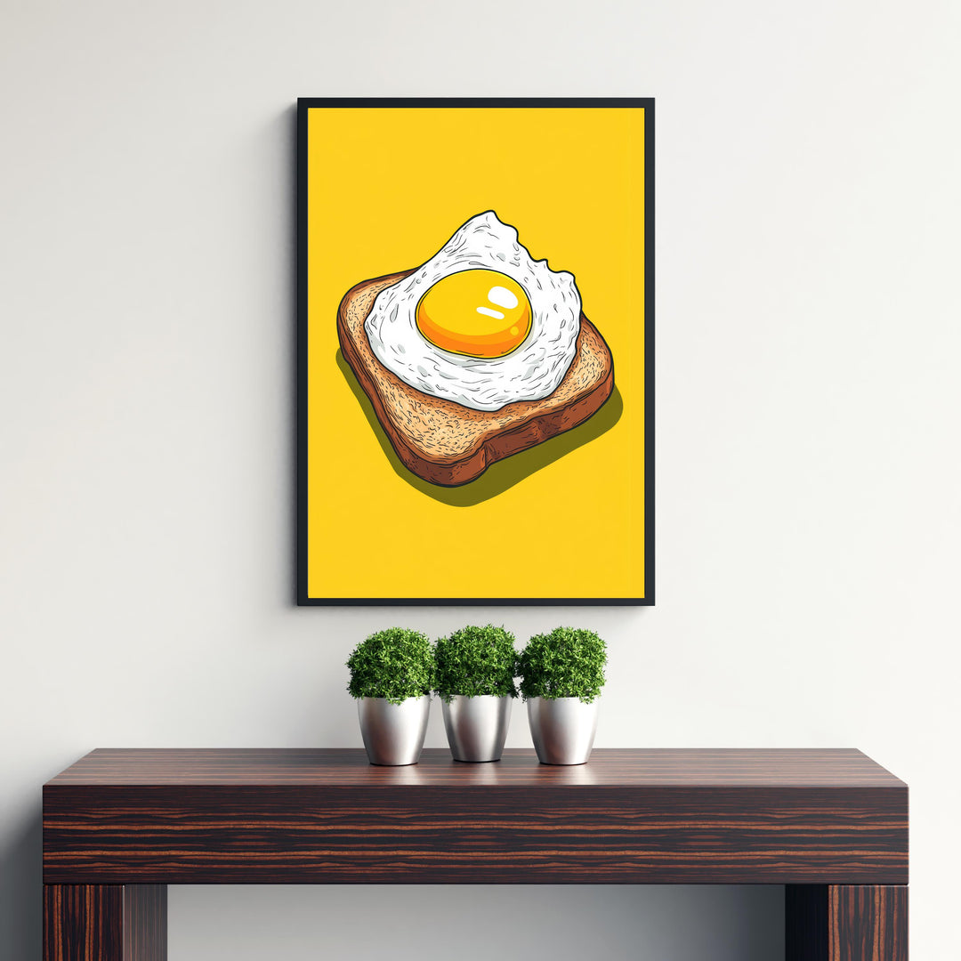 Fried Egg on Toast Poster Retro Pop Art Style Bold Yellow Wall Print for Kitchen Diner or Breakfast Nook Foodie Art Decor
