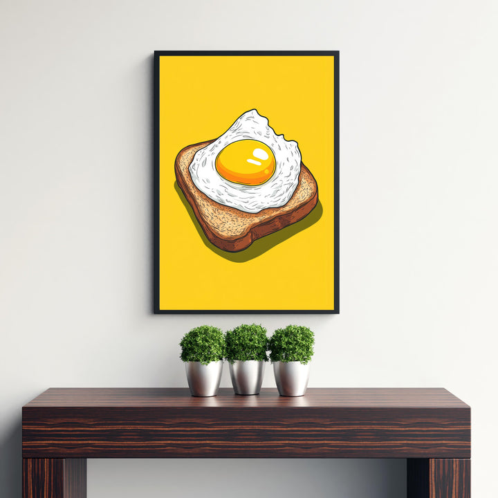Fried Egg on Toast Poster Retro Pop Art Style Bold Yellow Wall Print for Kitchen Diner or Breakfast Nook Foodie Art Decor