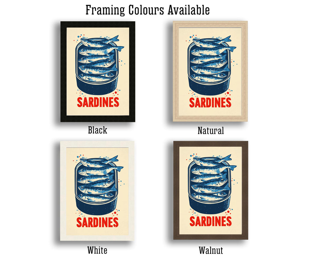 Sardines Tin Poster Retro Pop Art Style Blue Red Kitchen Wall Print for Coastal Cafe or Bold Foodie Decor