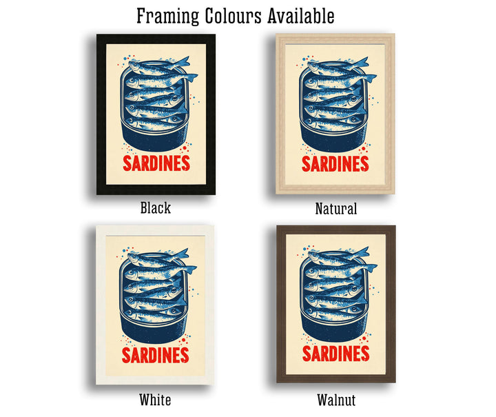 Sardines Tin Poster Retro Pop Art Style Blue Red Kitchen Wall Print for Coastal Cafe or Bold Foodie Decor