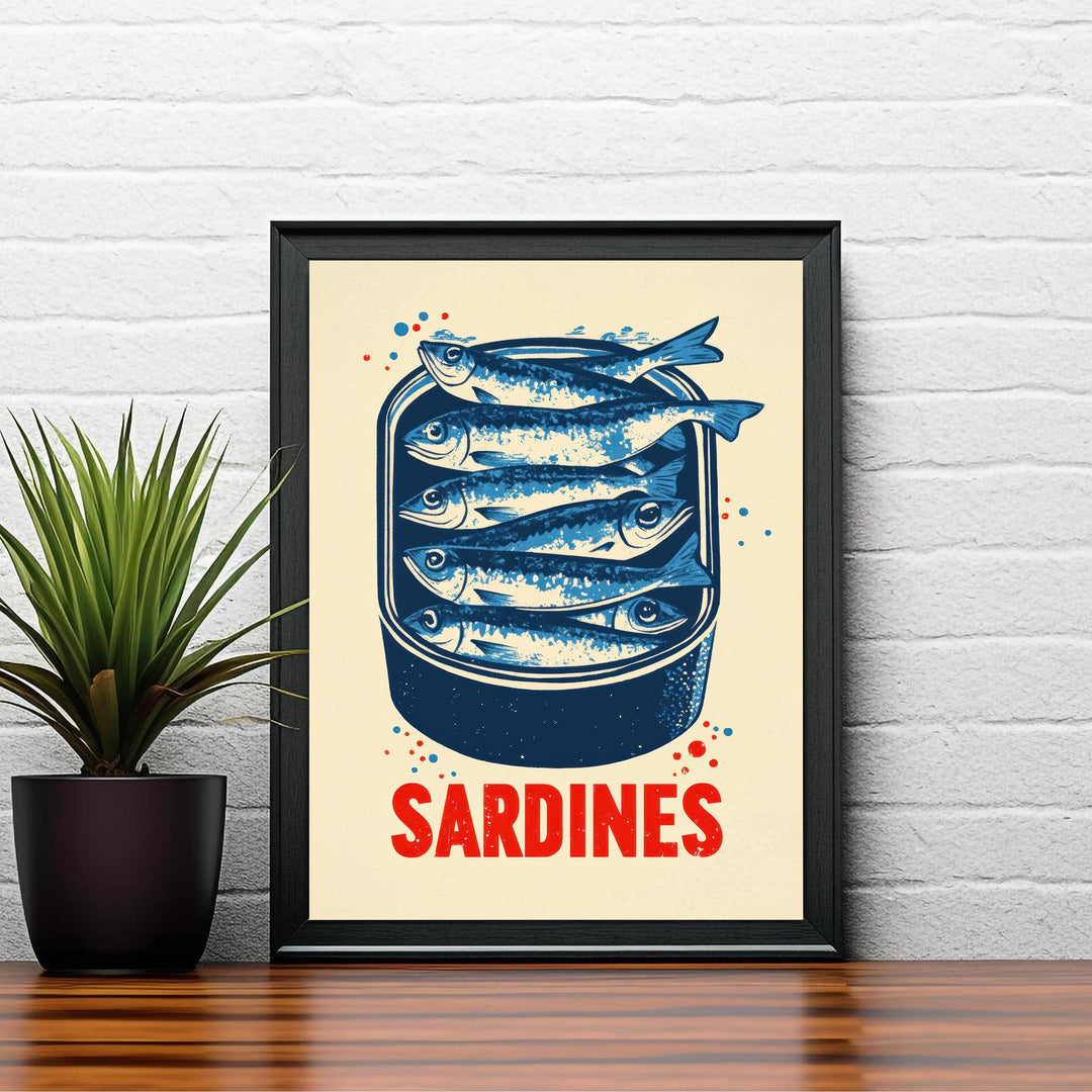 Sardines Tin Poster Retro Pop Art Style Blue Red Kitchen Wall Print for Coastal Cafe or Bold Foodie Decor