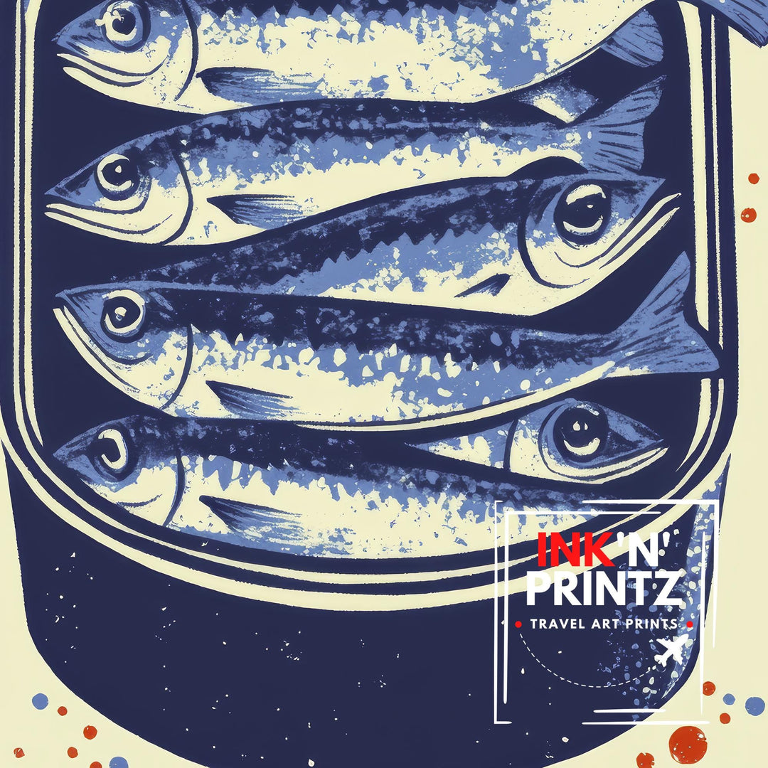 Sardines Tin Poster Retro Pop Art Style Blue Red Kitchen Wall Print for Coastal Cafe or Bold Foodie Decor