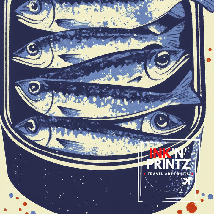 Sardines Tin Poster Retro Pop Art Style Blue Red Kitchen Wall Print for Coastal Cafe or Bold Foodie Decor