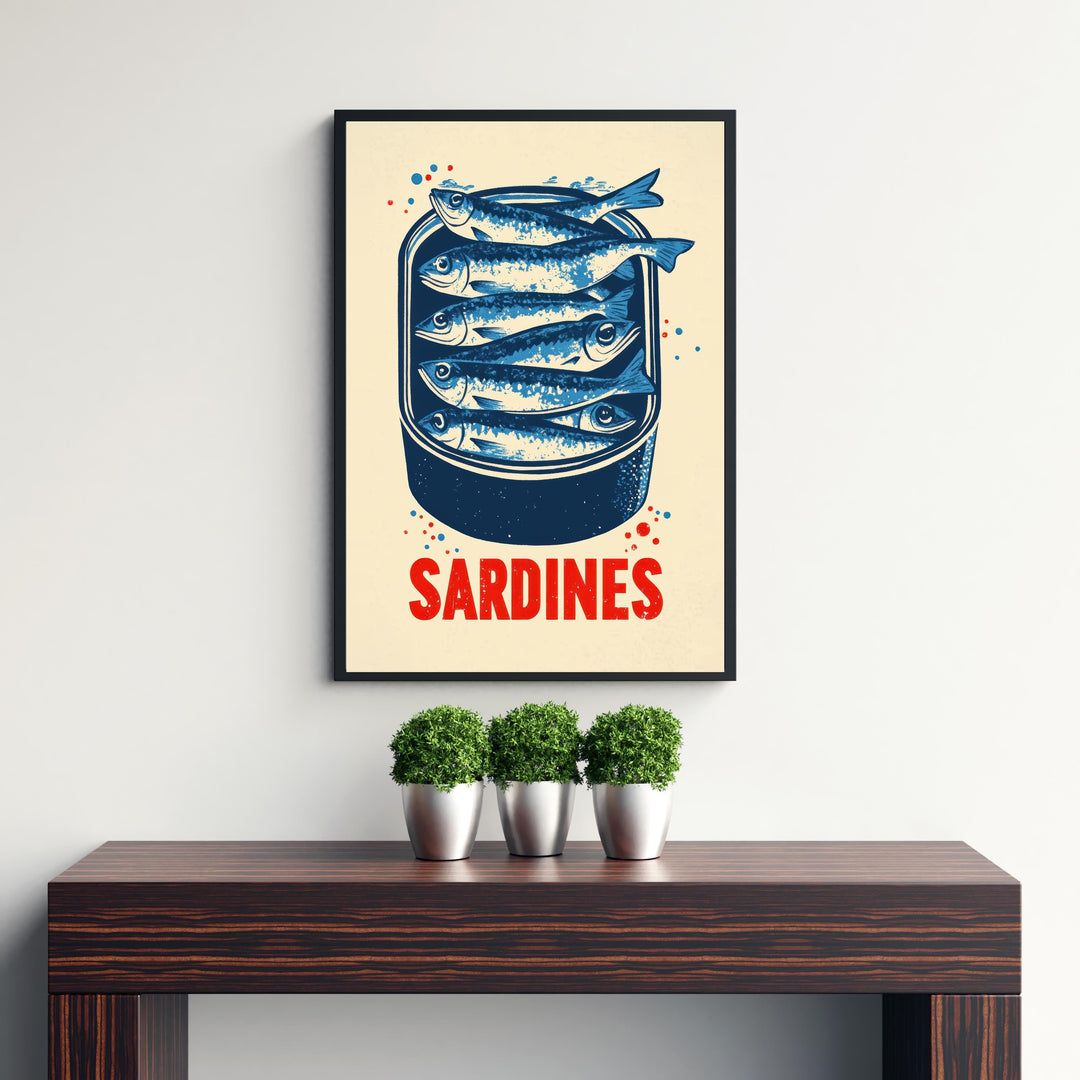 Sardines Tin Poster Retro Pop Art Style Blue Red Kitchen Wall Print for Coastal Cafe or Bold Foodie Decor