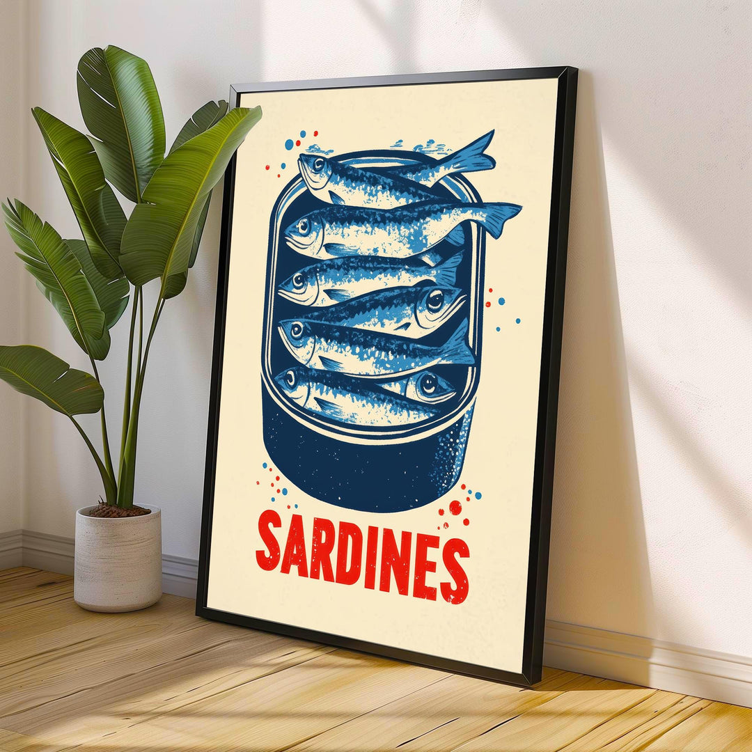 Sardines Tin Poster Retro Pop Art Style Blue Red Kitchen Wall Print for Coastal Cafe or Bold Foodie Decor