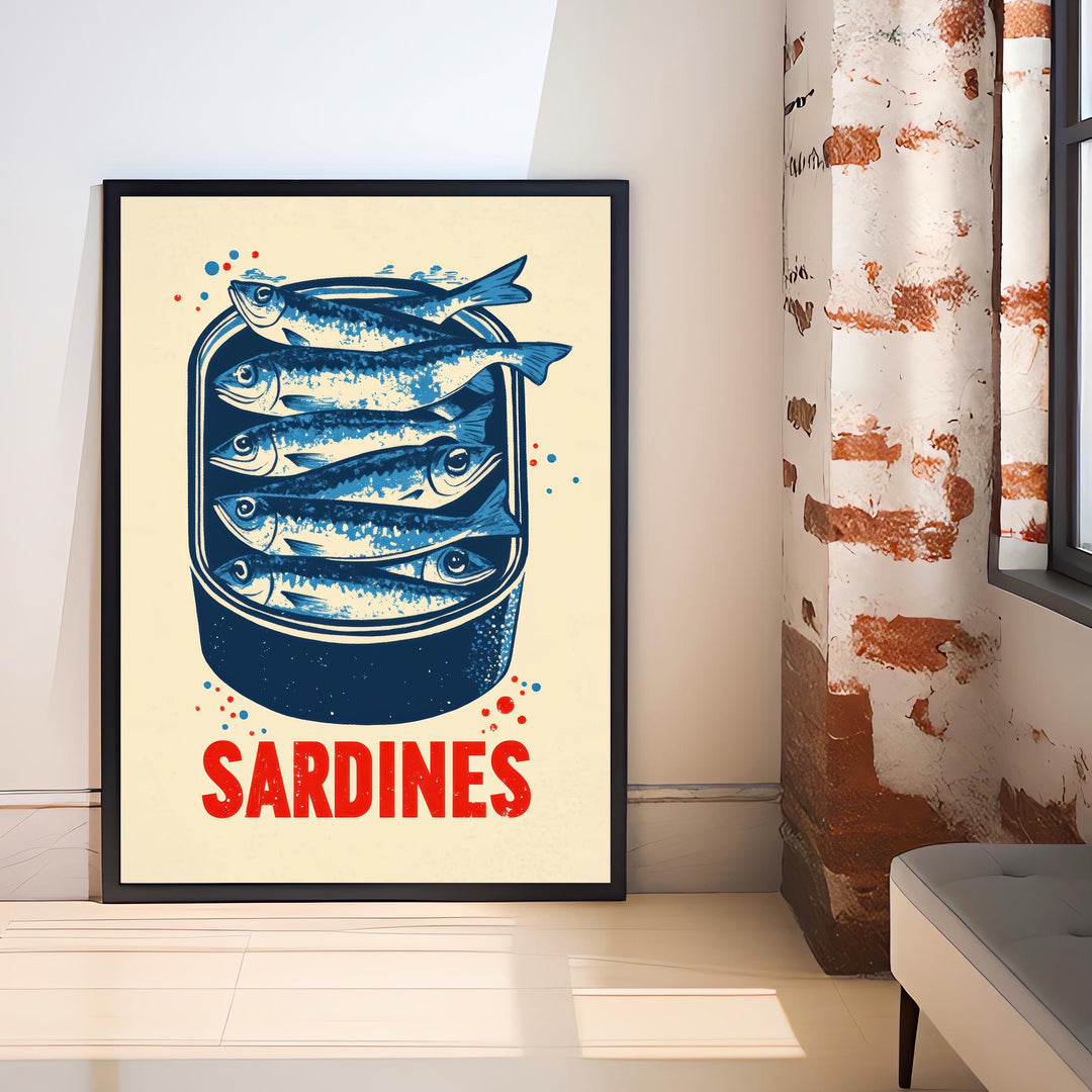 Sardines Tin Poster Retro Pop Art Style Blue Red Kitchen Wall Print for Coastal Cafe or Bold Foodie Decor