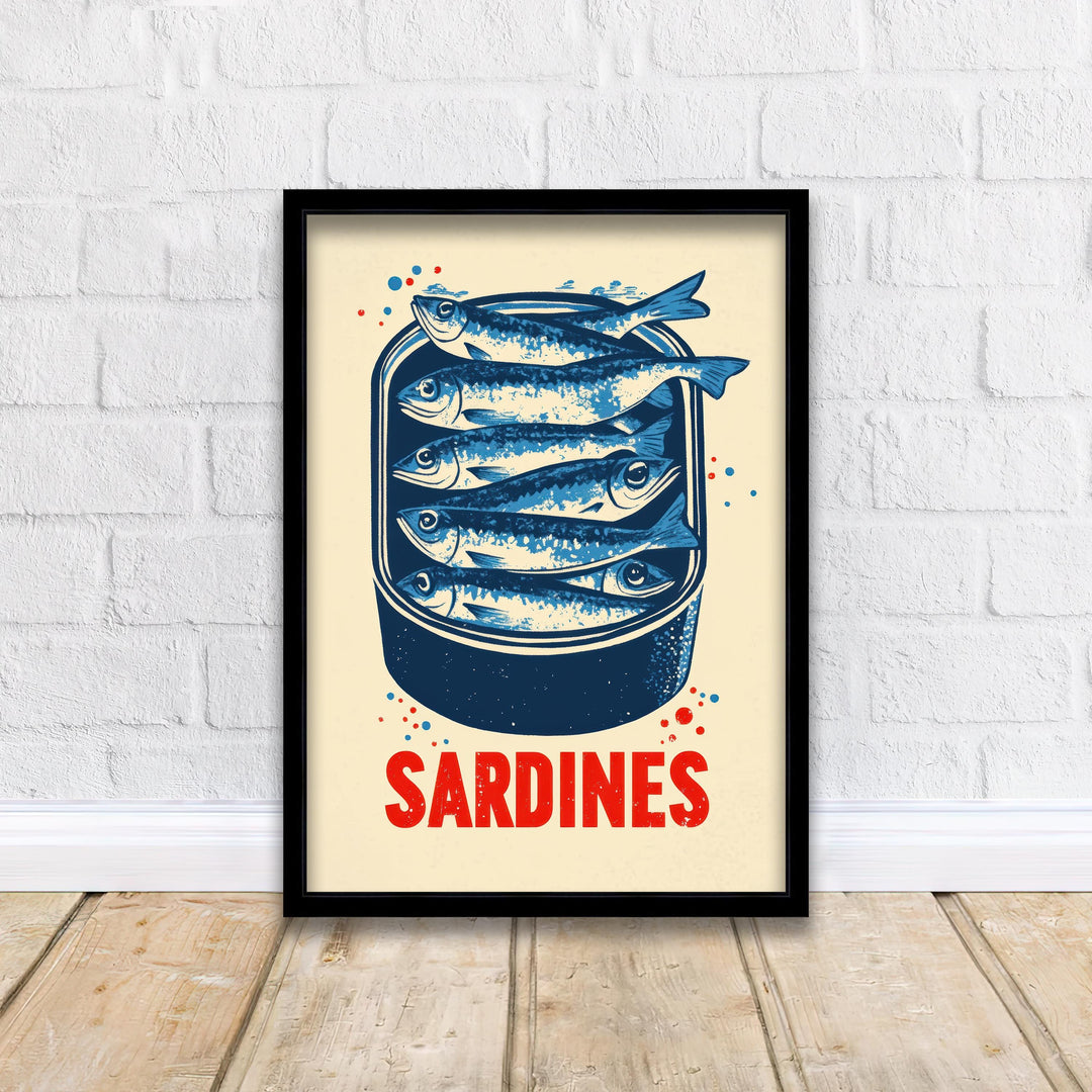 Sardines Tin Poster Retro Pop Art Style Blue Red Kitchen Wall Print for Coastal Cafe or Bold Foodie Decor