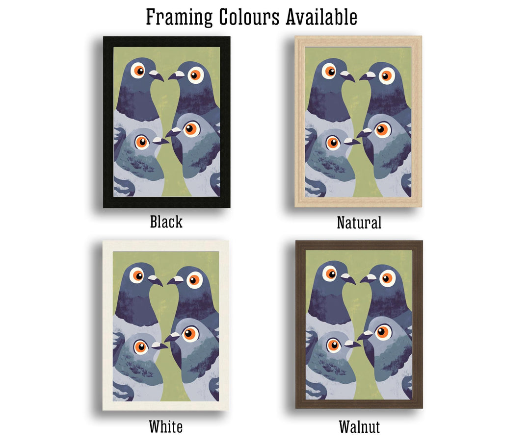 Pigeons Art Print Retro Midcentury Pop Style Wall Poster for Kitchen Dining Room or Eclectic Urban Home Decor