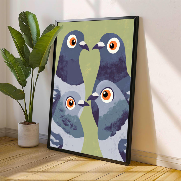 Pigeons Art Print Retro Midcentury Pop Style Wall Poster for Kitchen Dining Room or Eclectic Urban Home Decor