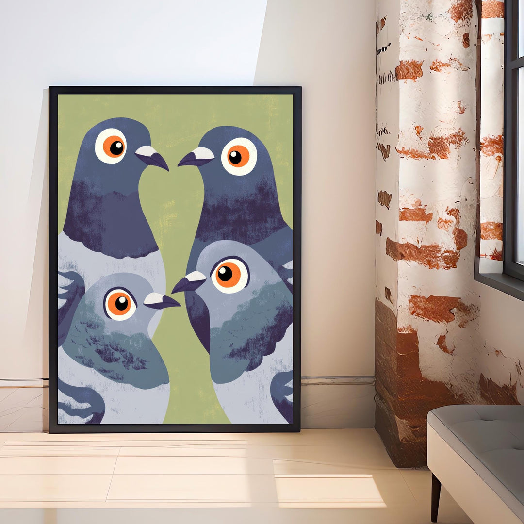 Pigeons Art Print Retro Midcentury Pop Style Wall Poster for Kitchen Dining Room or Eclectic Urban Home Decor