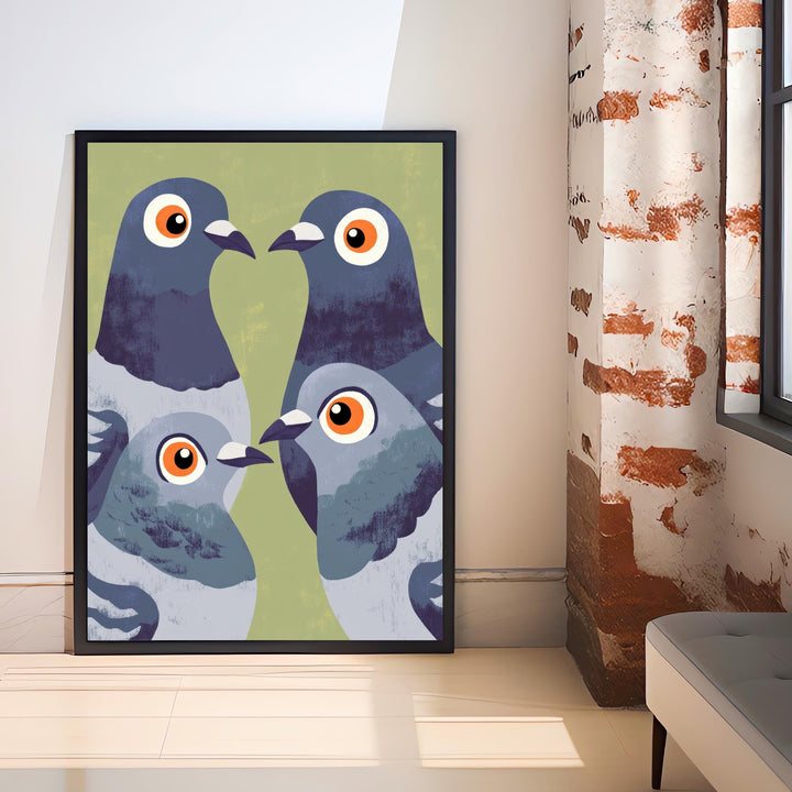 Pigeons Art Print Retro Midcentury Pop Style Wall Poster for Kitchen Dining Room or Eclectic Urban Home Decor