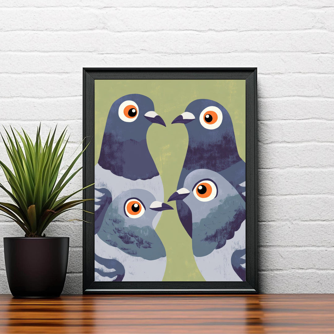 Pigeons Art Print Retro Midcentury Pop Style Wall Poster for Kitchen Dining Room or Eclectic Urban Home Decor